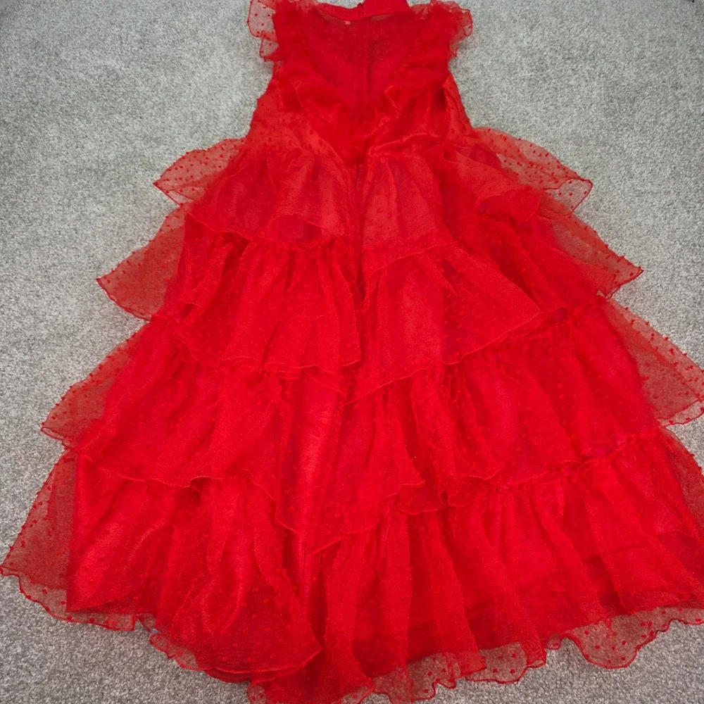 Girls Red Swiss Dot Tiered Ruffle Gown Flutter Maxi Dress Size 160 Halloween